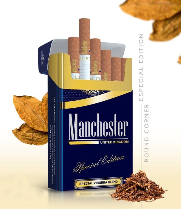 Manchester Special Edition Blue cigarette pack with white tipping detail